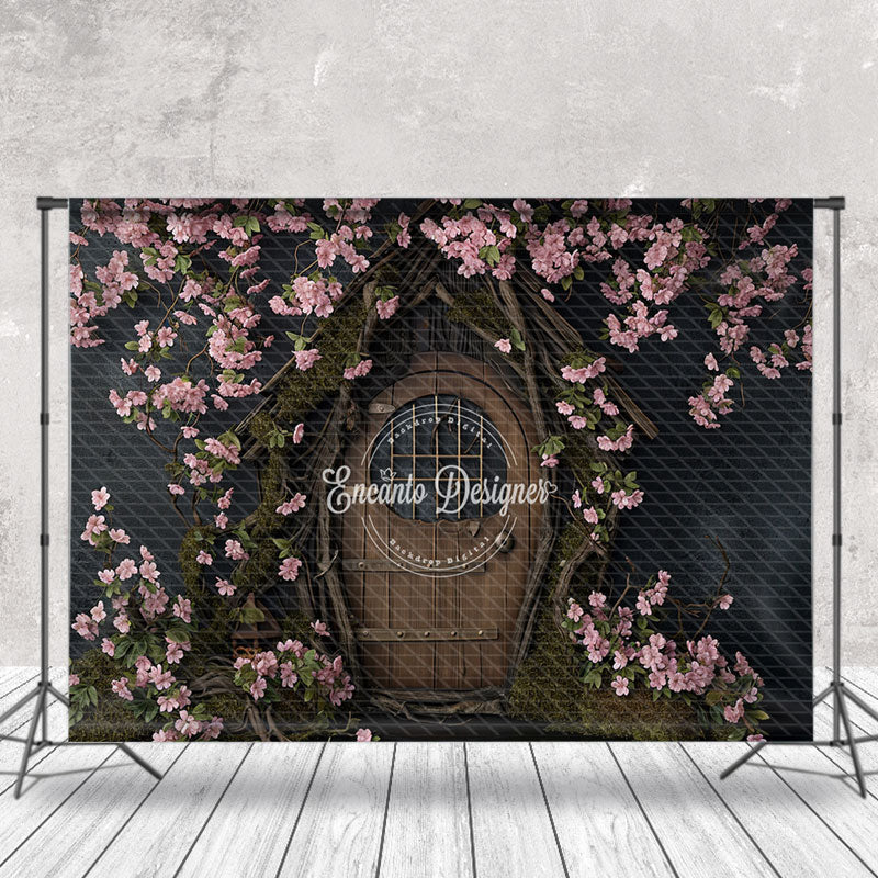 Aperturee - Vintage Wooden House With pink flowers Spring Backdrop