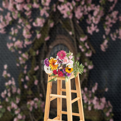 Aperturee - Vintage Wooden House With pink flowers Spring Backdrop