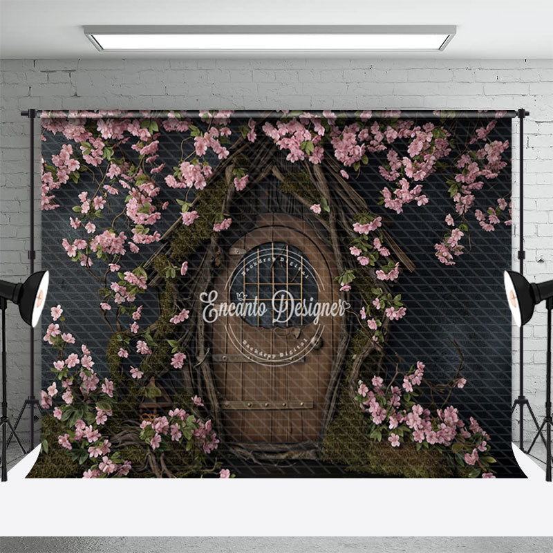 Aperturee - Vintage Wooden House With pink flowers Spring Backdrop