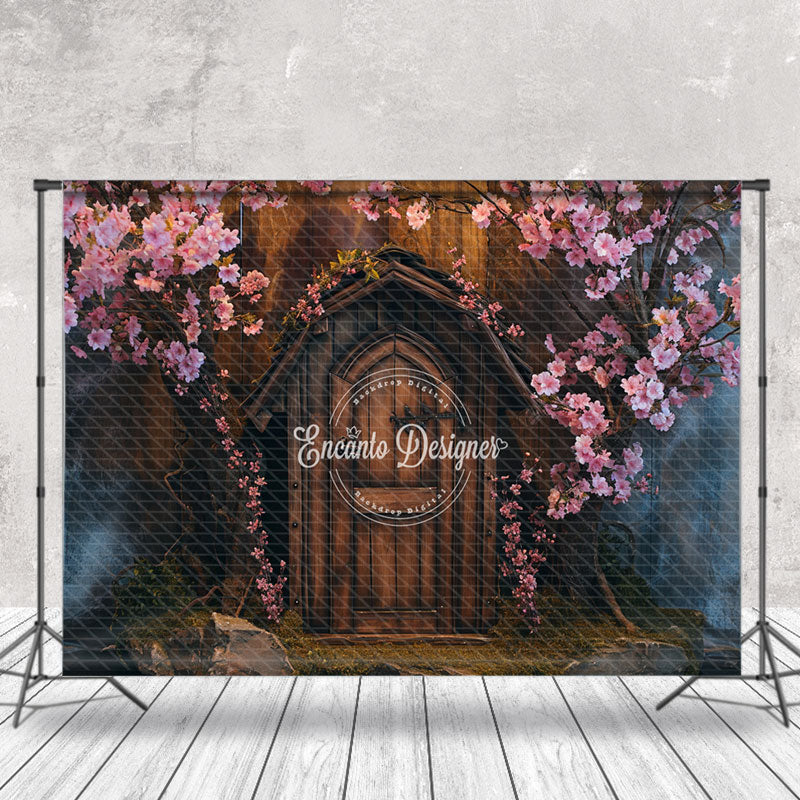 Aperturee - Vintage Wooden House Stone Pink Flowers Backdrop