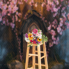 Aperturee - Vintage Wooden House Stone Pink Flowers Backdrop