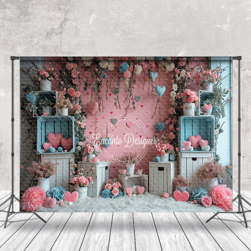 Aperturee - Pink Wall Flowers Love Hearts Valentine Backdrop