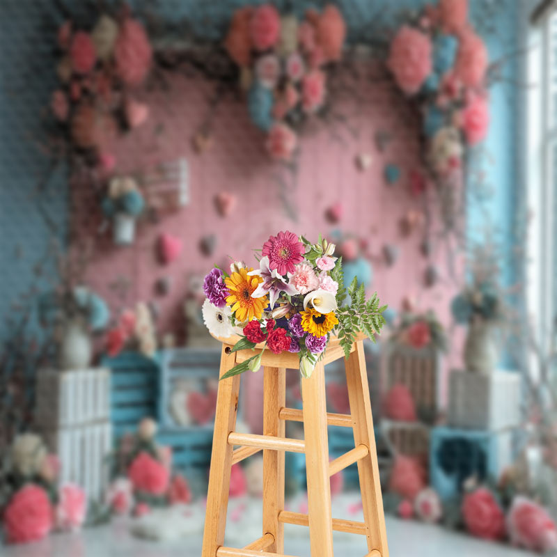 Aperturee - Flowers Pink Wooden Board Hearts Valentine Backdrop