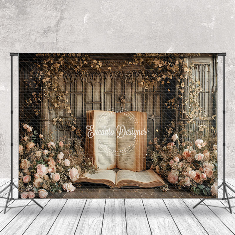 Aperturee - Retro Wall Old Book Rose Flower Photography Backdrop