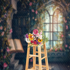 Aperturee - Arched Window Flowers Book Spring Backdrop For Photo