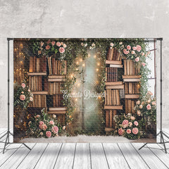 Aperturee - Bookcase Surrounded By Flowers Spring Photo Backdrop