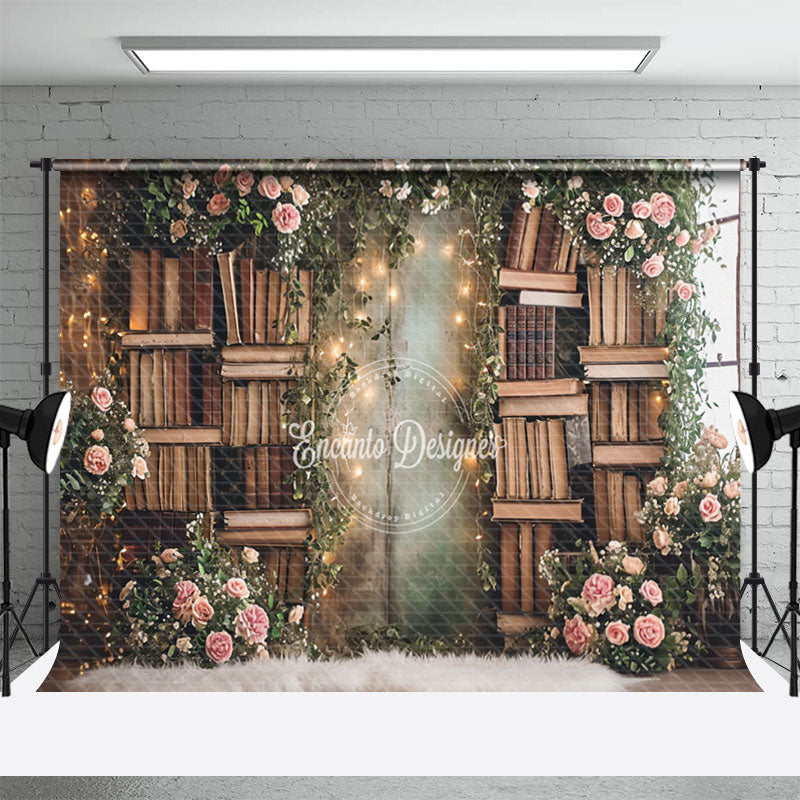 Aperturee - Bookcase Surrounded By Flowers Spring Photo Backdrop