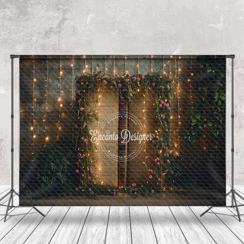 Aperturee - LED Lights And Flowers Surrounded Book Photo Backdrop