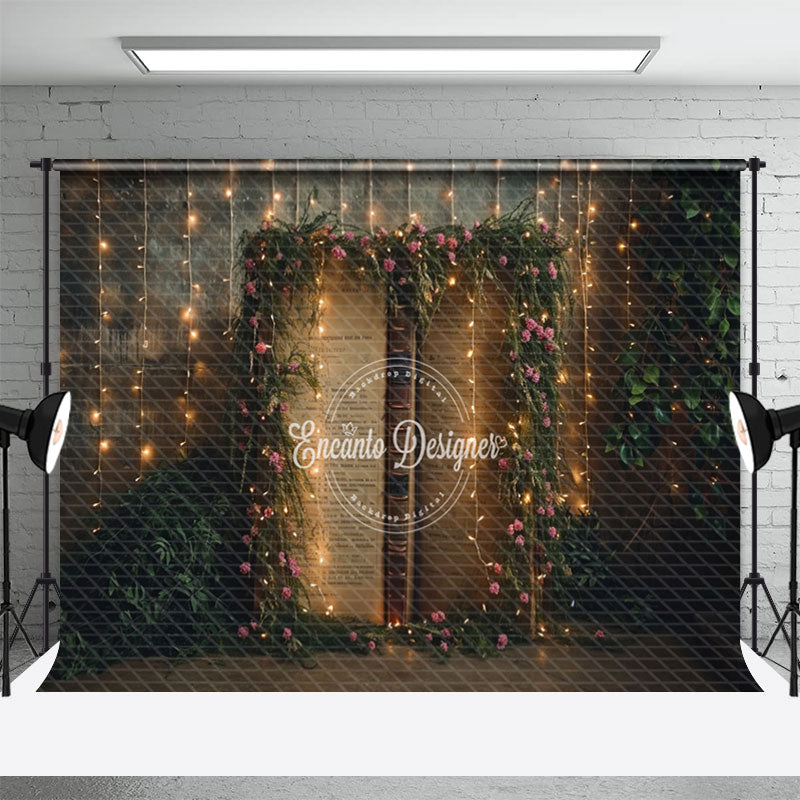 Aperturee - LED Lights And Flowers Surrounded Book Photo Backdrop