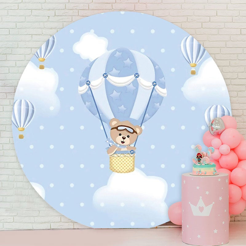 Aperturee - Blue Bear Ballon Round Birthday Party Backdrop