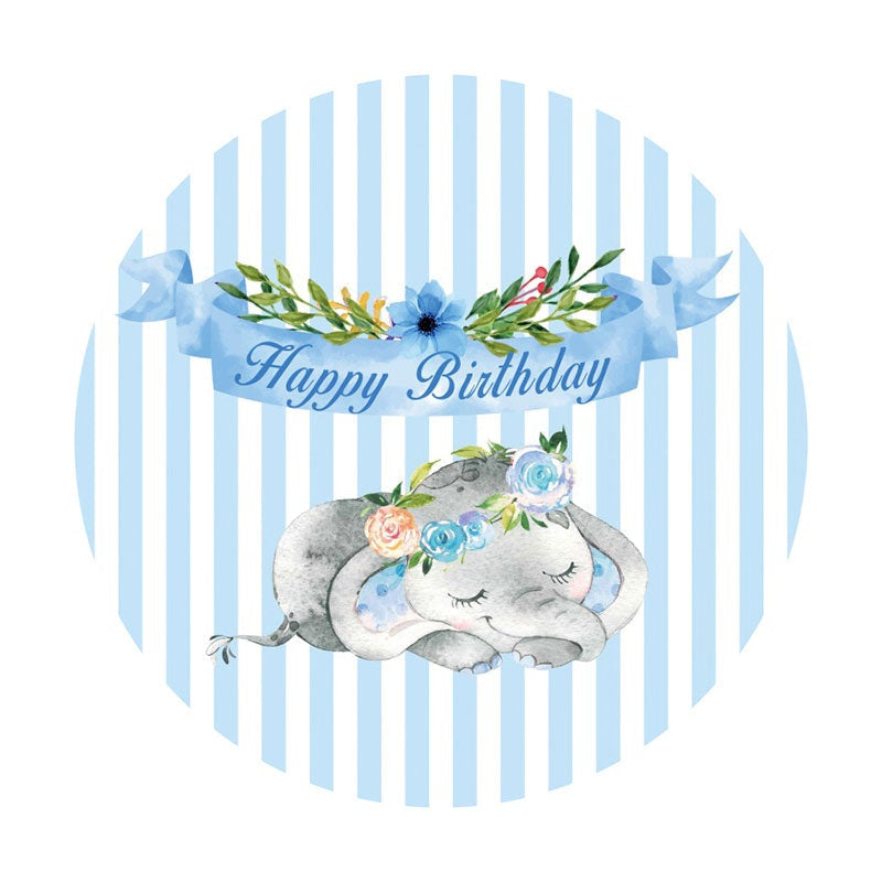 Aperturee - Blue Floral Elephant Round Birthday Backdrop