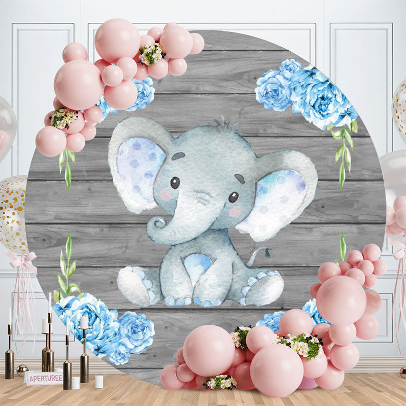 Aperturee - Blue Rose Elephant Wooden Round Baby Shower Backdrop