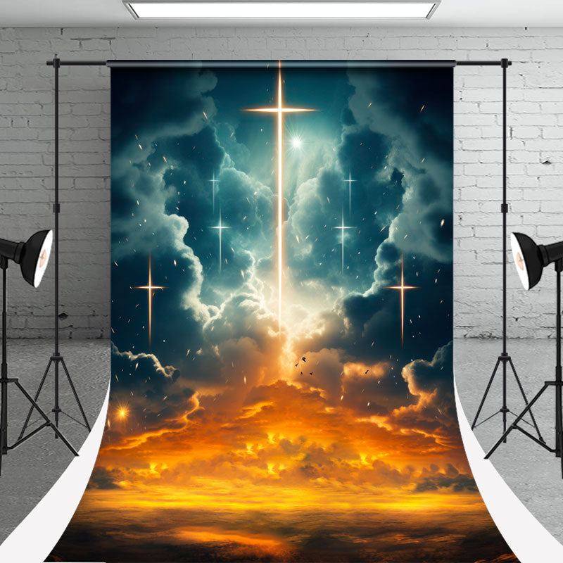 Aperturee - Blue Skyline Sunset Glitter Cross Easter Backdrop