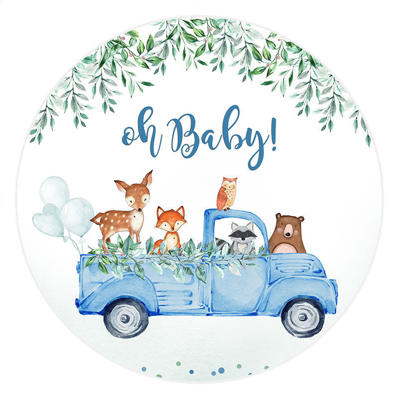 Aperturee - Blue Truck Animals Baby Shower Round Backdrop