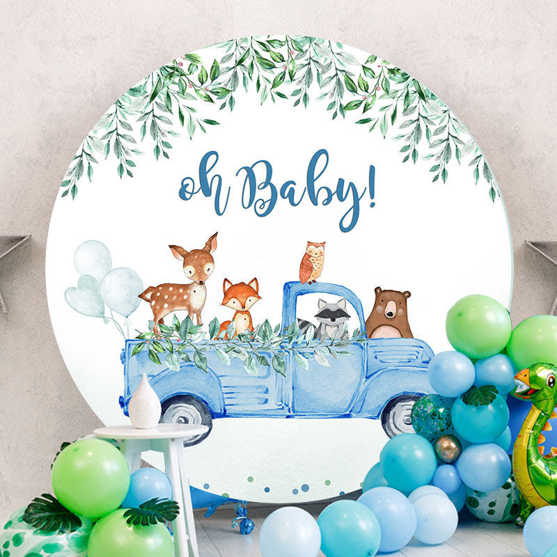 Aperturee - Blue Truck Animals Baby Shower Round Backdrop