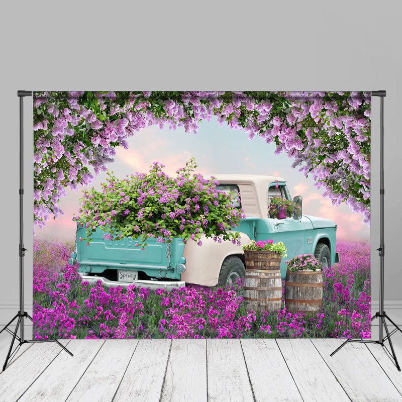 Aperturee - Blue Truck Purple Pink Floral Field Spring Backdrop