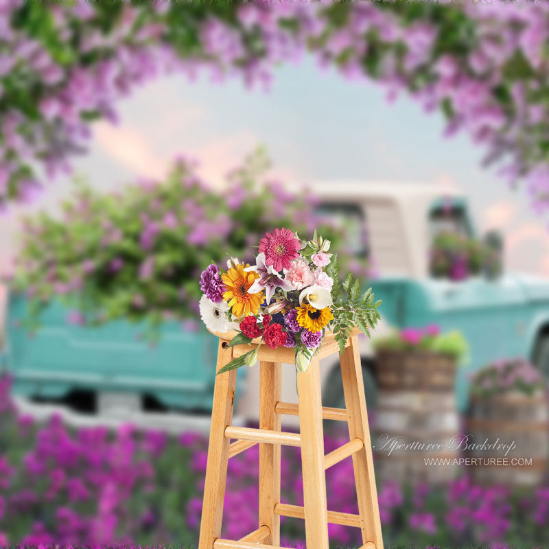 Aperturee - Blue Truck Purple Pink Floral Field Spring Backdrop