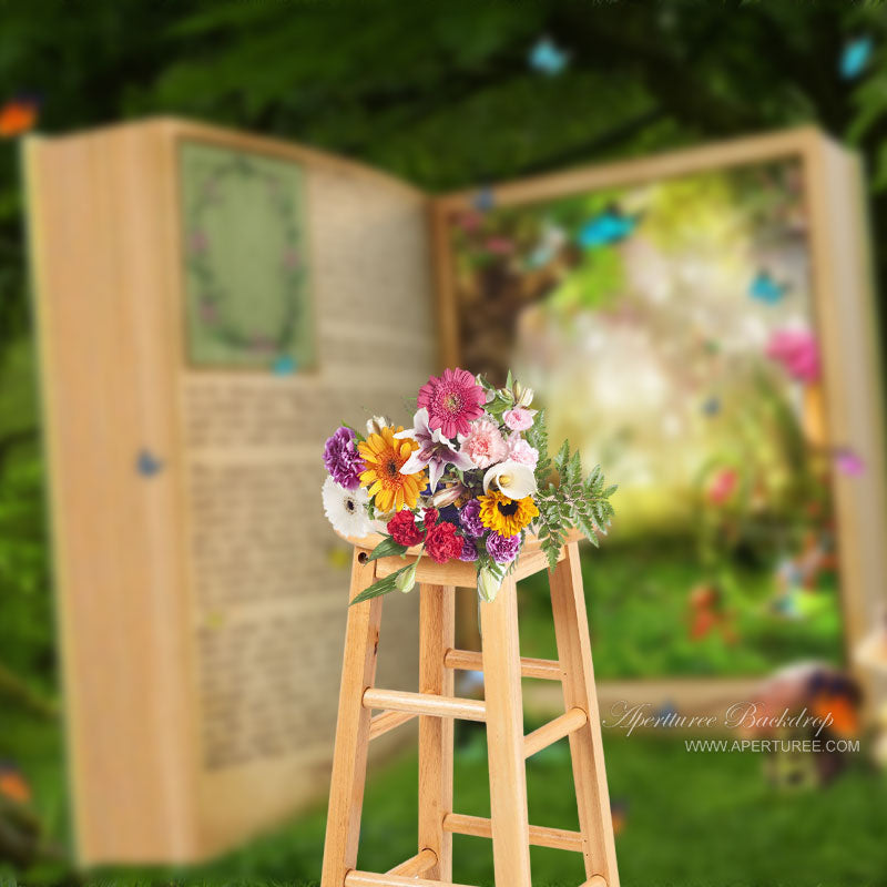 Aperturee - Book Forest Butterfly Mushroom House Spring Backdrop