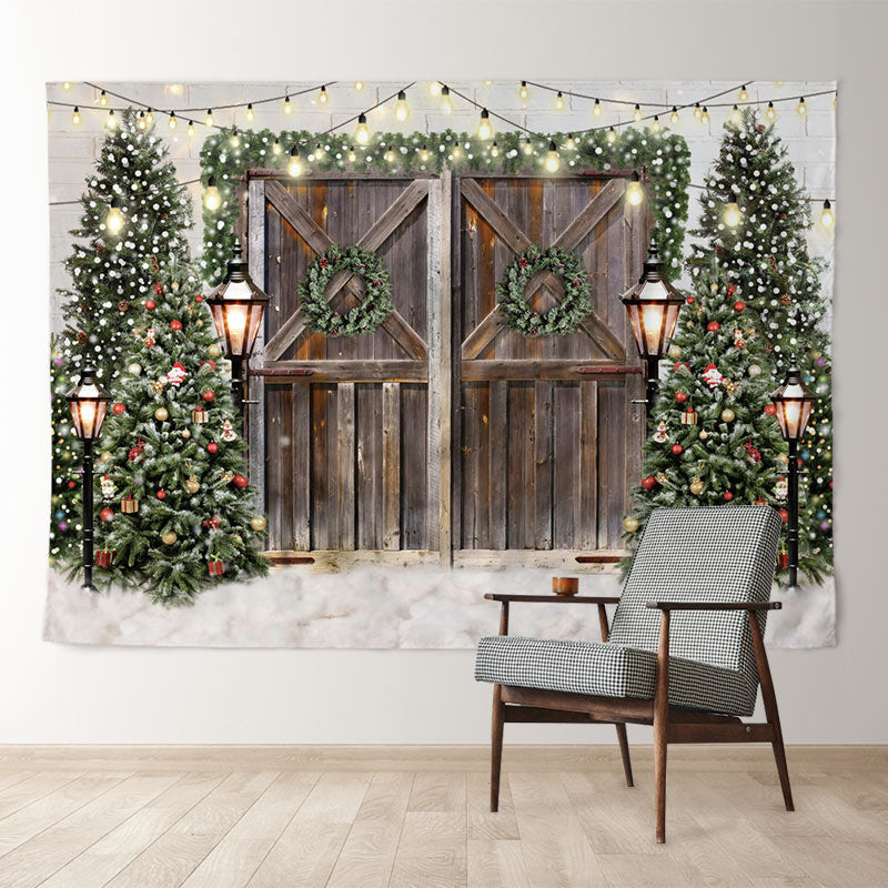 Aperturee - Brown Wood Door Light Wreath Christmas Backdrop