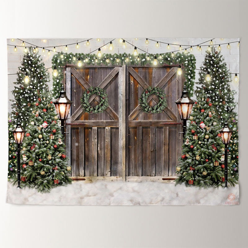 Aperturee - Brown Wood Door Light Wreath Christmas Backdrop