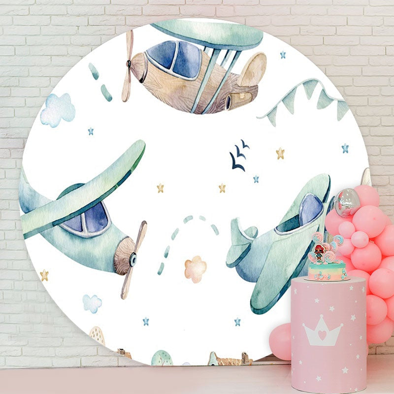 Aperturee - Cartoon Plane Circle Happy Birthday Backdrop