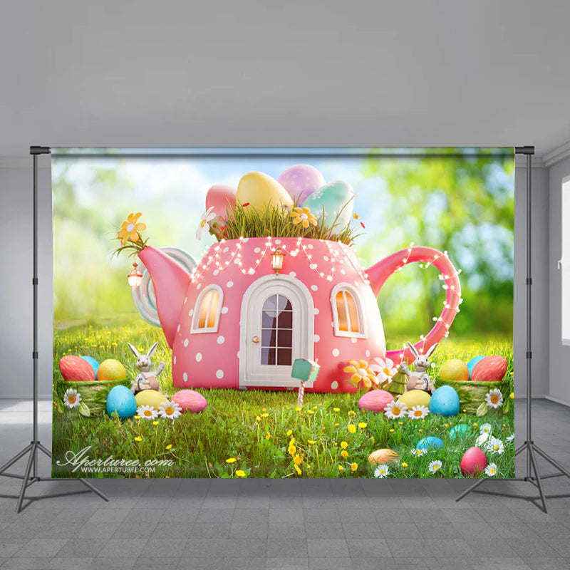 Aperturee - Cartoon Teapot Backyard Easter Holiday Backdrop