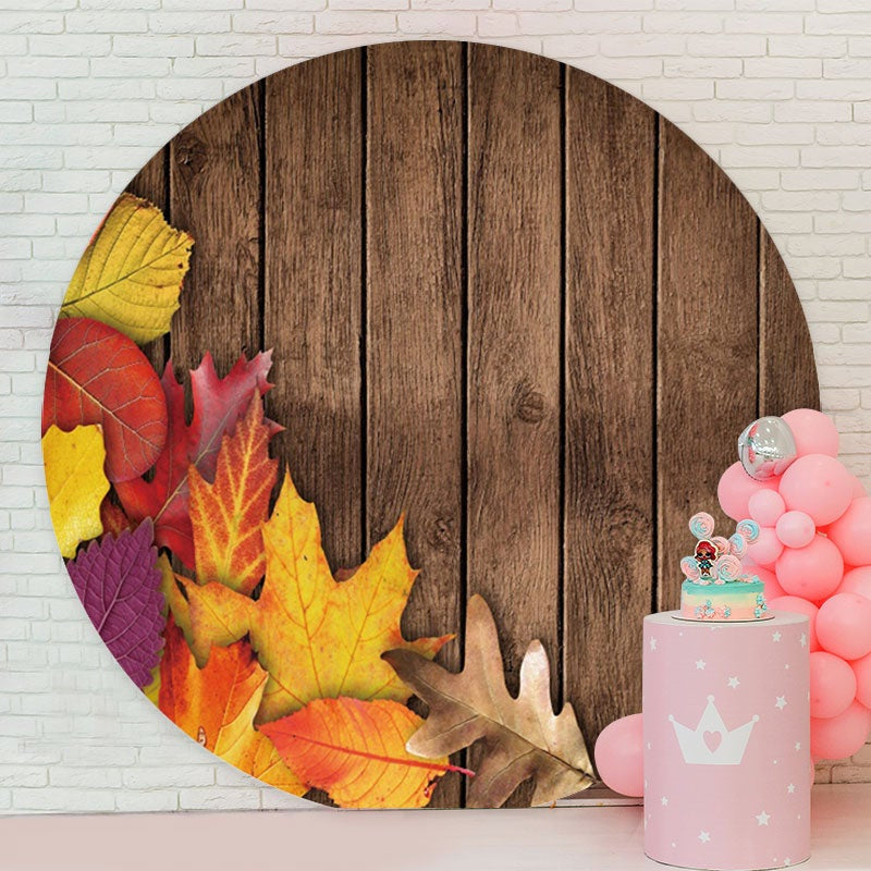 Aperturee - Circle Autumn Leaves Round Wood Birthday Backdrop