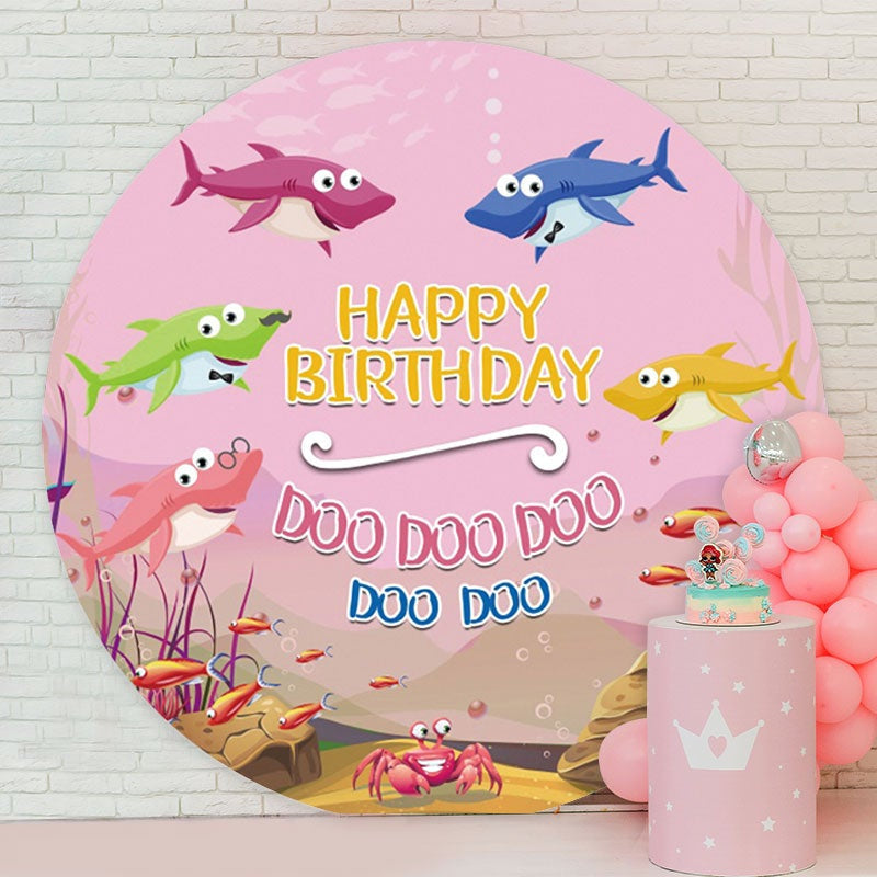 Aperturee - Cute Sharks Round Happy Birthday Party Backdrop