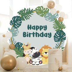 Aperturee - Dark Green Little Jungle Animals Round Birthday Backdrop