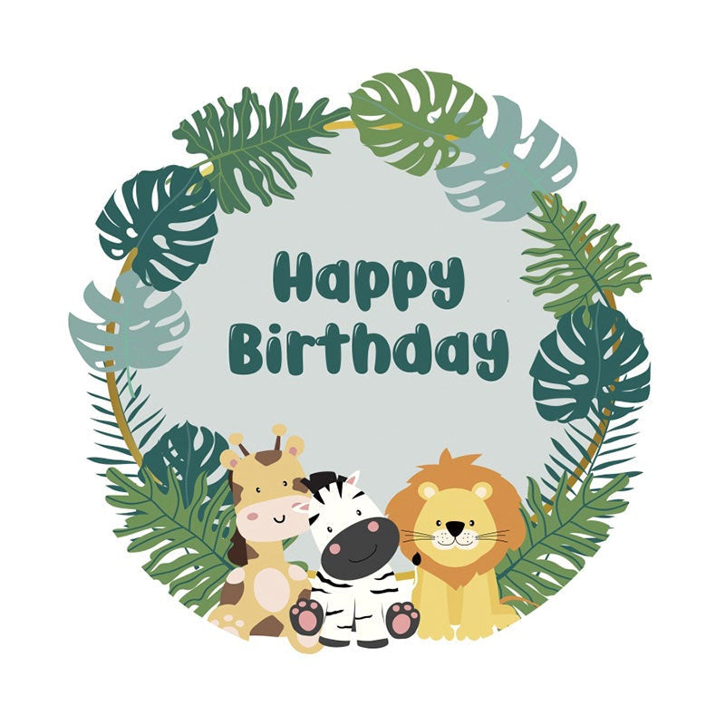 Aperturee - Dark Green Little Jungle Animals Round Birthday Backdrop