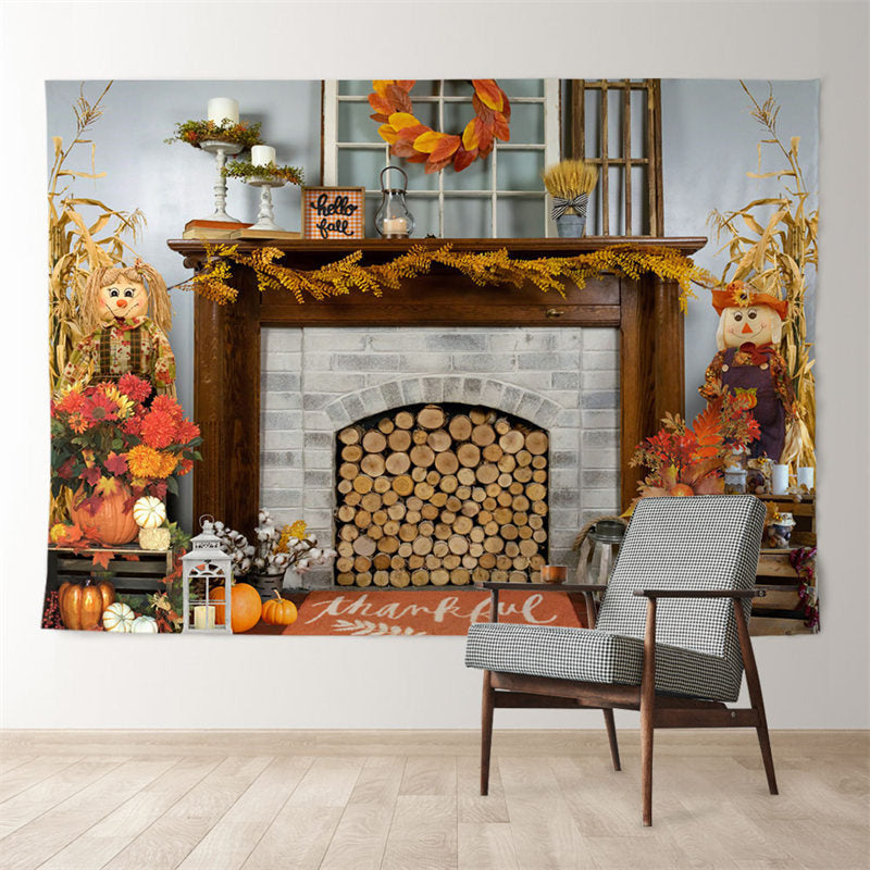 Aperturee - Fireplace Pumpkin Scarecrow Thanksgiving Backdrop