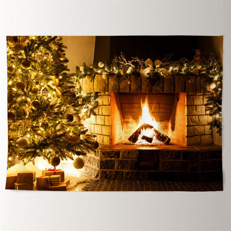 Aperturee - Fireplace Xtmas Tree Warm Yellow Lights Backdrop