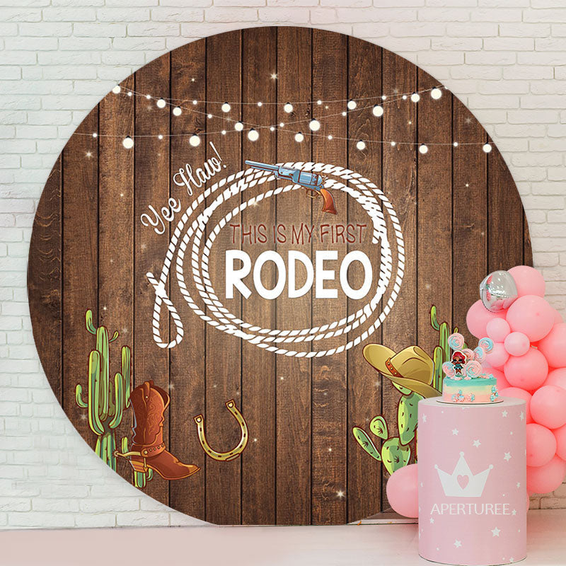 Aperturee - First Rodeo Cowboy Wood Round Birthday Backdrop