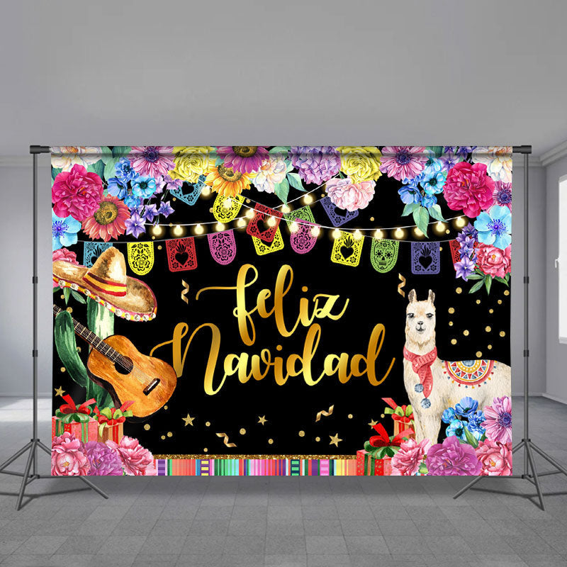 Aperturee - Floral Llama Gold Feliz Navidad Christmas Backdrop