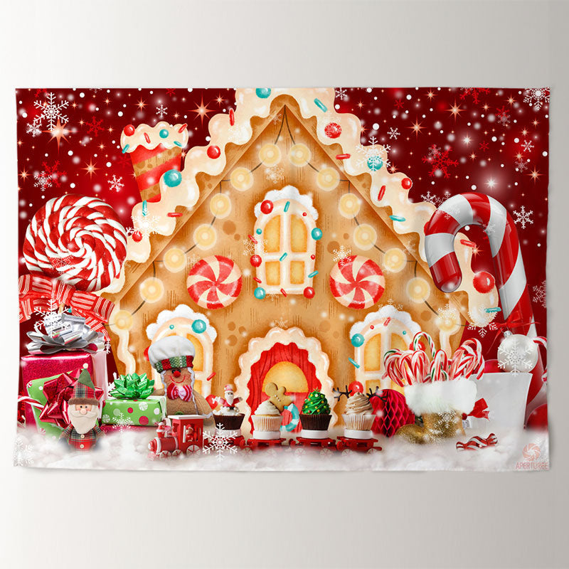 Aperturee - Gingerbread House Candy Snowy Christmas Backdrop