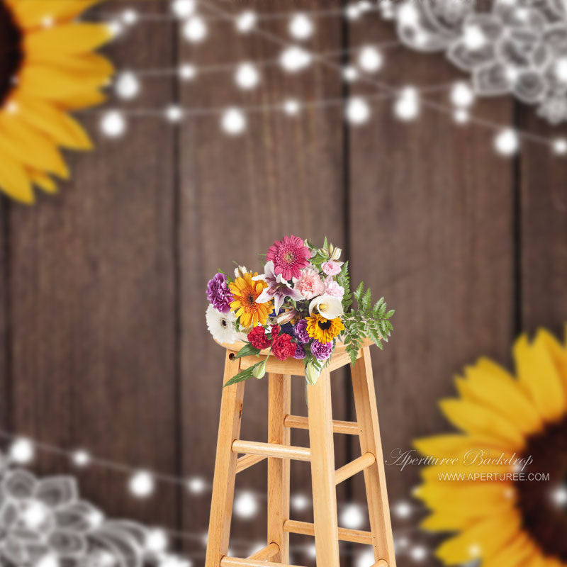 Aperturee - Glitter Sunflowers Brown Wooden Texture Photo Backdrop