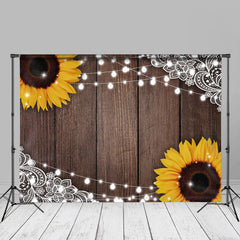 Aperturee - Glitter Sunflowers Brown Wooden Texture Photo Backdrop