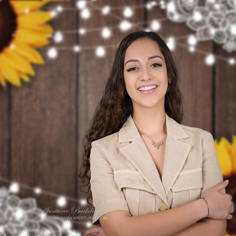 Aperturee - Glitter Sunflowers Brown Wooden Texture Photo Backdrop