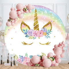 Aperturee - Glitter Unicorn Rainbow Floral Circle Birthday Backdrop