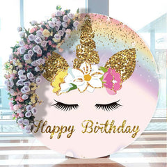 Aperturee - Glitter Unicorn Rainbow Round Happy Birthday Backdrop