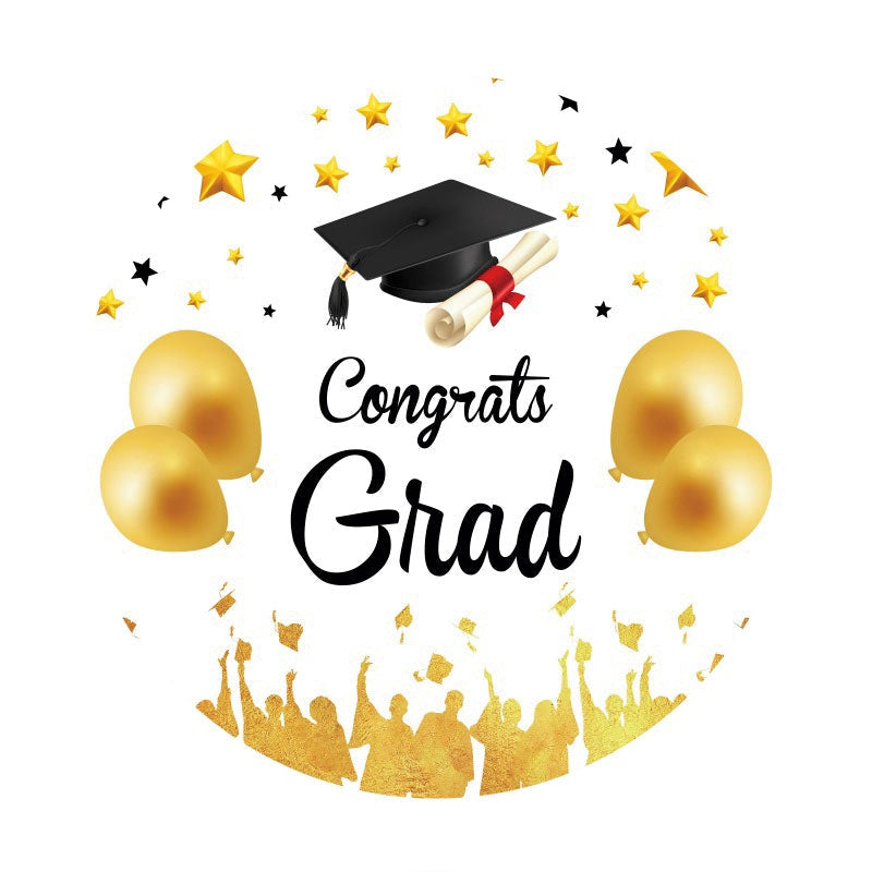 Aperturee - Gold Ballons Round Black Congrats Grad Backdrop