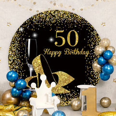 Aperturee - Gold Glitter 50th Round Black Birthday Backdrop