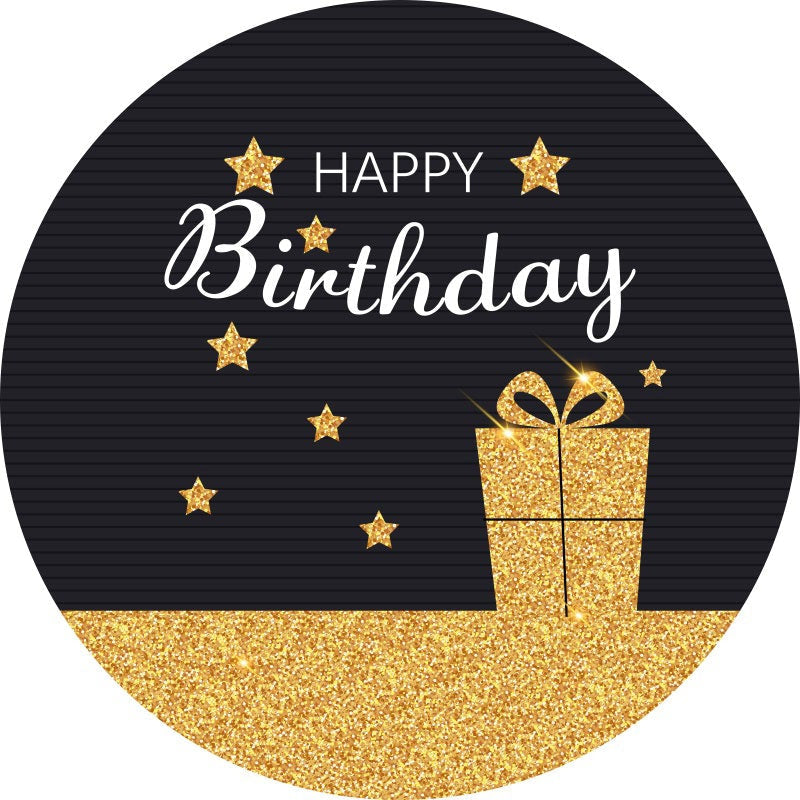 Aperturee - Gold Glitter Gift Round Black Happy Birthday Backdrop