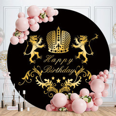 Aperturee - Gold Lion Round Black Happy Birthday Backdrop