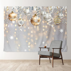 Aperturee - Gold Silver Bauble Snow Bokeh Christmas Backdrop