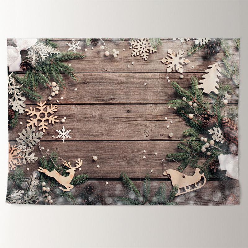 Aperturee - Gold Sled Snowflake Leaves Wood Christmas Backdrop