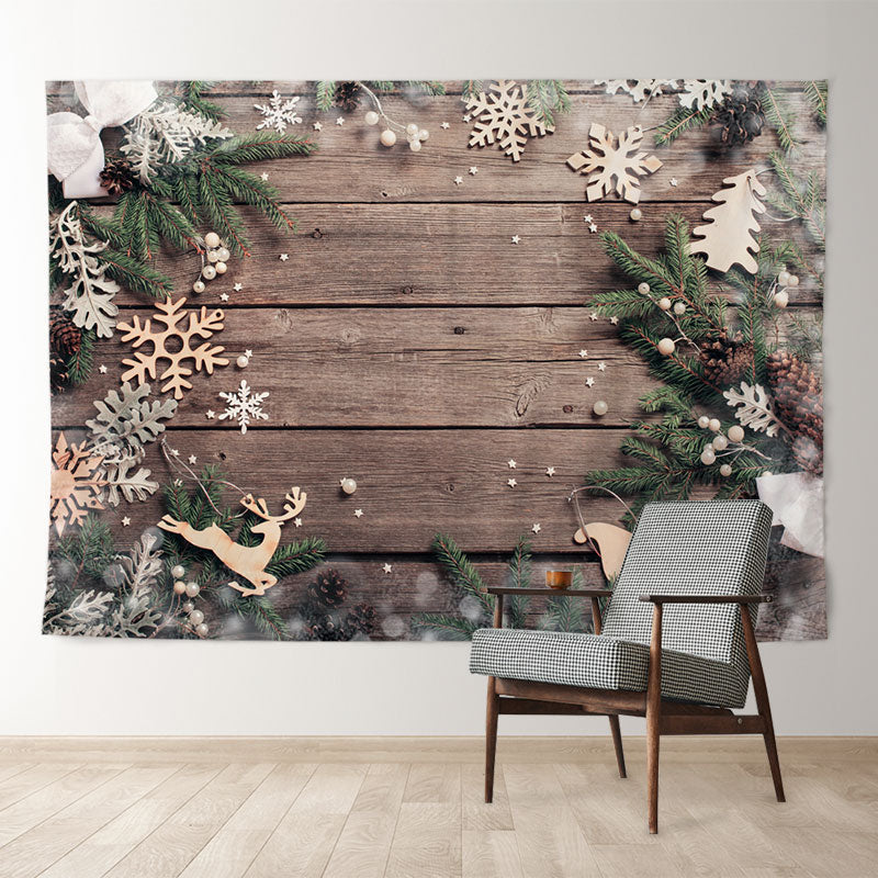 Aperturee - Gold Sled Snowflake Leaves Wood Christmas Backdrop