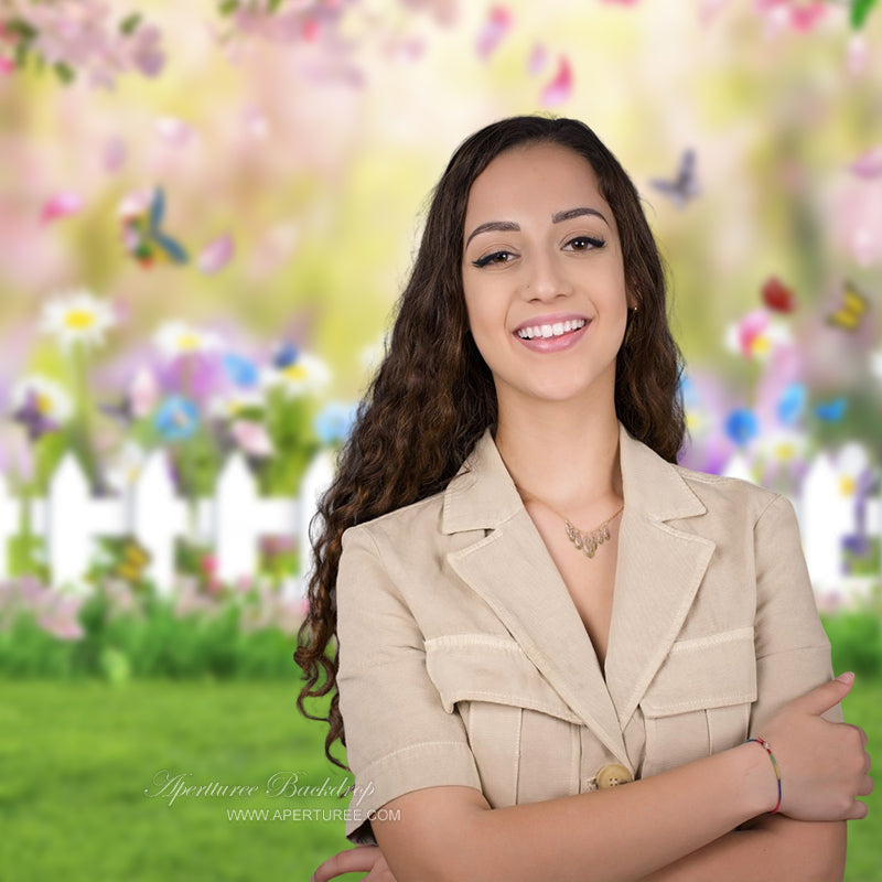 Aperturee - Green Grass Butterfly Floral Spring Photography Backdrop