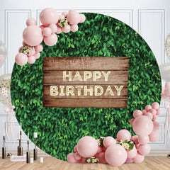 Aperturee - Green Leaves Wooden Circle Happy Birthday Backdrop