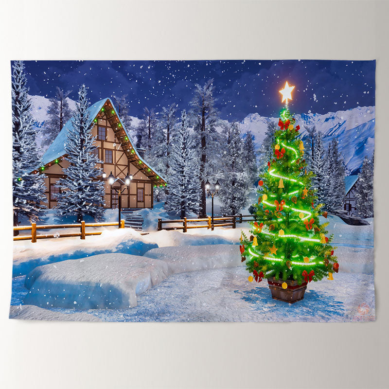 Aperturee - Green Light Tree Snowy House Christmas Backdrop